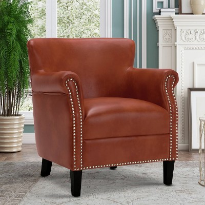 Caramel Leather Club Accent Chair with Wood Frame