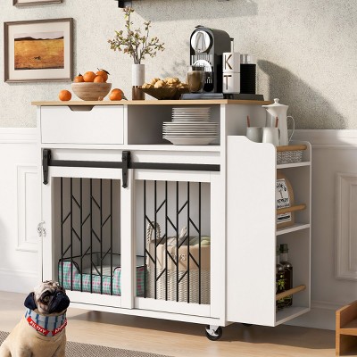 2-in-1 Dog Crate Kitchen Island with Storage, Indoor Furniture Style Pet Kennel End Table for Kitchen or Living Room-The Pop Home