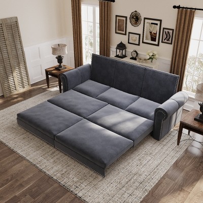 King Size Chesterfield Sofa Bed, 3 in 1 Convertible Bed with Nailhead Trim & Rolled Arm, Iron Frame Sofa Bed with Cotton Filling-Baofuwish