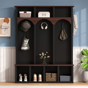 Whisen Farmhouse Wooden Hall Tree with 6 Hooks, Walnut Storage Bench with Adjustable Shelves, Shoe Cabinet with 13 Cubbies - 1 of 4