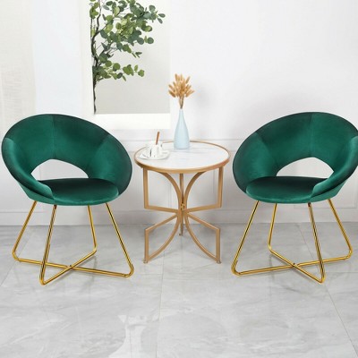 Set of 2 Dark Green Velvet Upholstered Arm Chairs with Gold Metal Legs