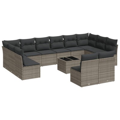 vidaXL 13 Piece Patio Sofa Set with Cushions Gray Poly Rattan - With Table
