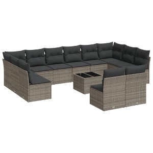 vidaXL 13 Piece Patio Sofa Set with Cushions Gray Poly Rattan - With Table - 1 of 4