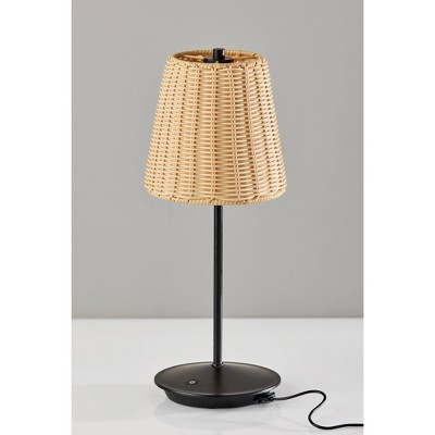 Black Metal Cordless Outdoor Table Lamp with Rattan Shade