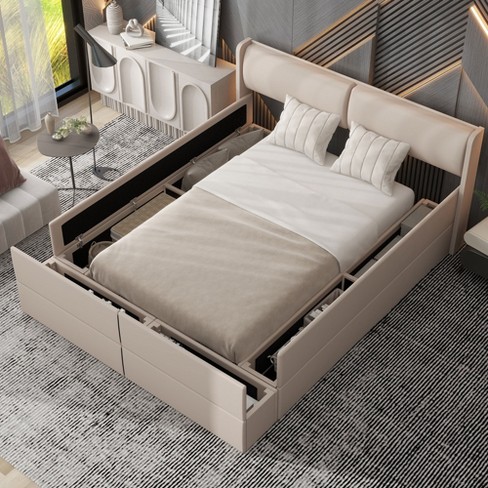 Queen Size Upholstered Storage Platform Bed With Storage Space And ...