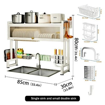 LunaLulinlk Dish Drying Rack, Large Stainless Steel Over The Sink 2 Tier Dish Rack with Cover for Kitchen (White, Large 33.5" Length)