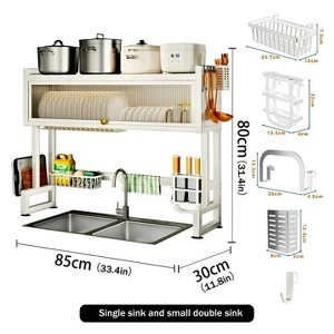LunaLulinlk Dish Drying Rack, Large Stainless Steel Over The Sink 2 Tier Dish Rack with Cover for Kitchen (White, Large 33.5" Length) - 1 of 4