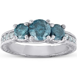 Pompeii3 1 1/2 Ct Three Stone Vintage Blue Diamond Engagement Ring 14k White Gold Antique - 1 of 4