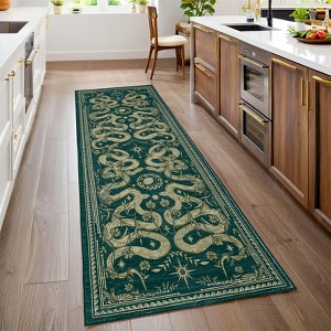 Snake and Flower Pattern Washable Rug 2x3 to 9x12, Non-Slip Low Pile Living Room Rug, Dark Gray/Blue/Green/Beige Stain Resistant Machine Washable Rug - 1 of 4
