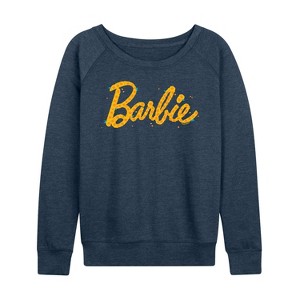 Women's - Barbie - Floral Pattern Logo Filled Lightweight French Terry Wide Neck Long Sleeve Shirt - 1 of 4