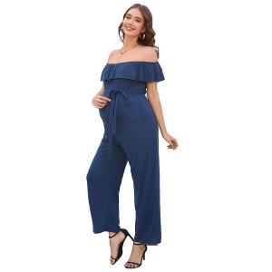 Casual Off Shoulder Maternity Jumpsuits Short Ruffle Sleeves Belted Wide Leg Jumpsuits Romper dark blue_M - 1 of 4