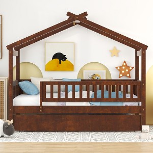 NicBex Twin Size Bunk Bed Classic House Shape Loft Bed Draggable Design Pine Bed Frame with Wheels and Guardrails, No Box Spring Required - 1 of 4