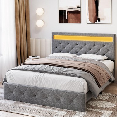 Whizmax Queen/Full Size Bed Frame with LED Lights Headboard, LED Bed Frame with Fast-Charging USB Port, Upholstered Platform Bed Frame, Noise Free