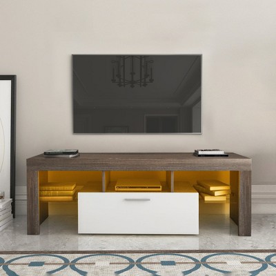 Chic Crate - Modern TV Media Console w/ Tempered Glass & RGB LED - Quick Assembly Floor-to-Wall Design - Espresso & White