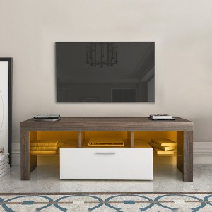 Chic Crate - Modern TV Media Console w/ Tempered Glass & RGB LED - Quick Assembly Floor-to-Wall Design - Espresso & White - 1 of 4