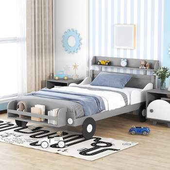 Twin Size Car-Shaped Platform Bed Twin Bed With Storage Shelf Decorative Support Wheels Platform Bed Easy Assembly