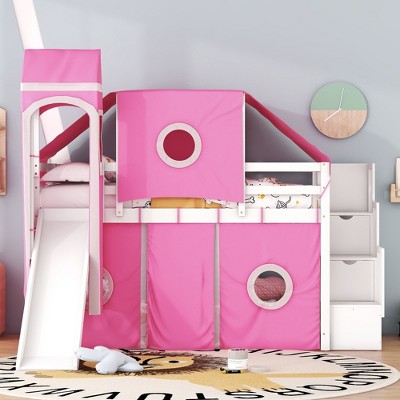 NicBex Twin Size Bunk Bed Roof Shape Loft Bed Pine Bed Frame with Tower, Tent, Storage Stairs, Slide and Guardrail, No Box Spring Required