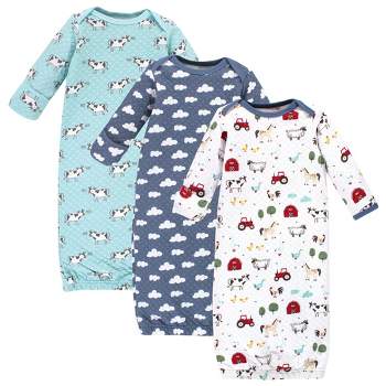 Hudson Baby Infant Boy Quilted Cotton Long-Sleeve Gowns 3pk, Boy Farm Animals, 0-6 Months