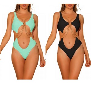 INSPIRE CHIC Women's Gold Chain V Neck Cut Out Solid Color Monokini Swimwear Bathing Suit 2 Set - 1 of 4