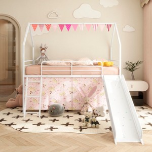 KWPZQEB Twin Size Loft Bed w/ Pennant Banner Flag and Star Stickers, Metal Loft Bed with Safety Guardrail & Ladders, No Box Spring Required - 1 of 4