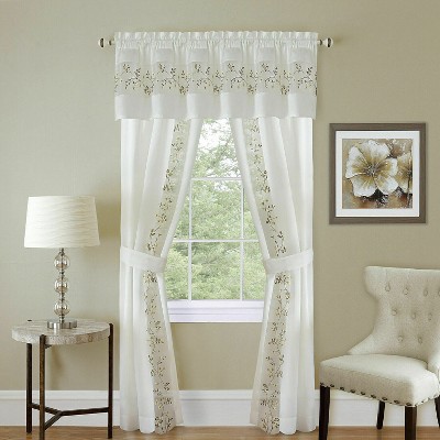Kate Aurora Complete 5 Pc Window in a Bag Embroidered Floral Country Flax Sheer Curtain & Valance Set