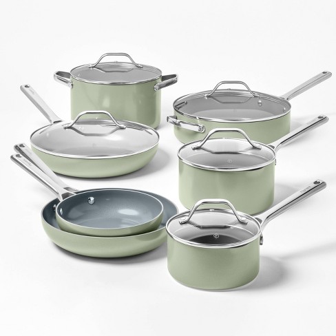 12pc Nonstick Ceramic Coated Aluminum Cookware Set Sage Green - Figmint™