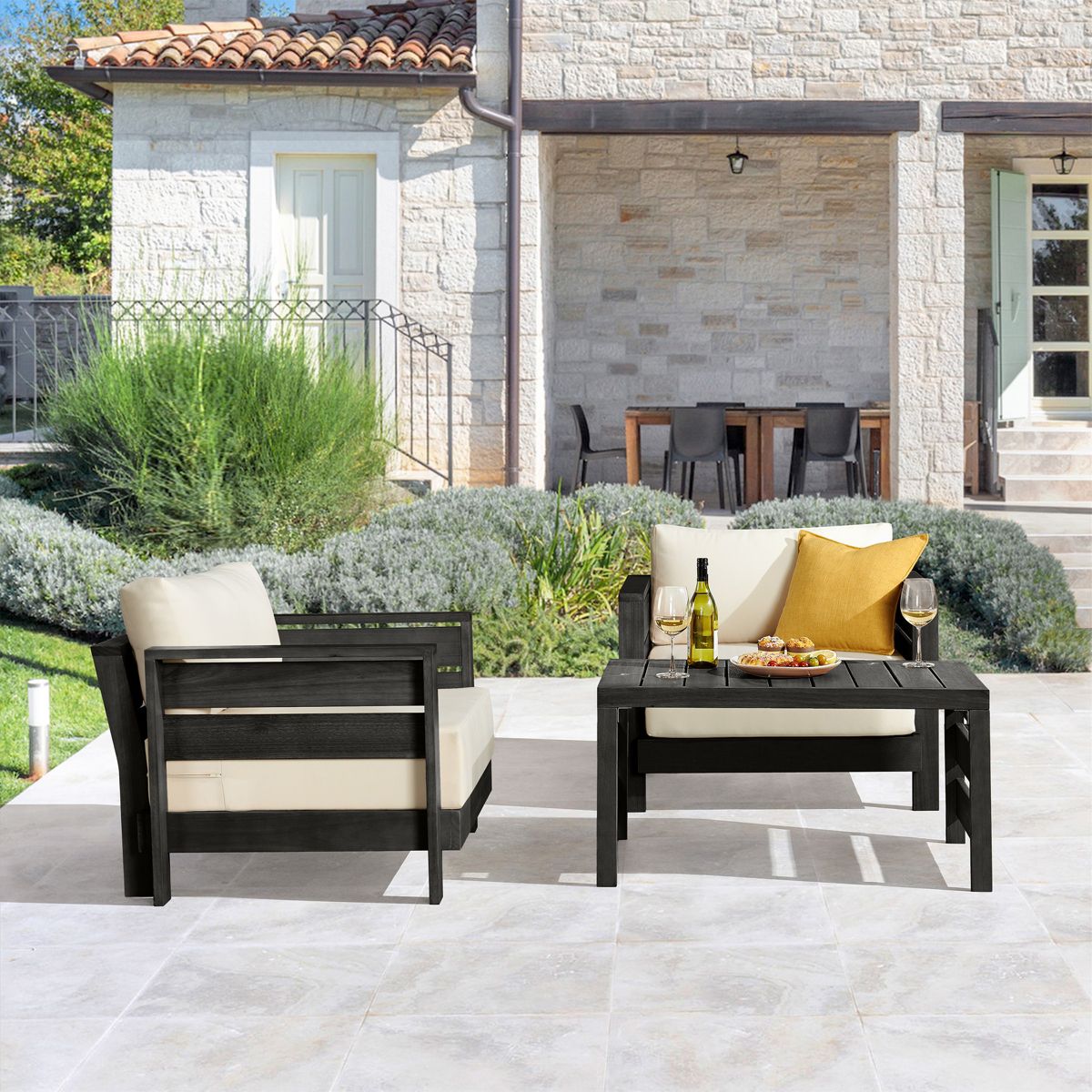 Alaterre Furniture Barton 3 Piece Patio Furniture Set - Weather-Resistant Eucalyptus Wood Outdoor Table and Chairs with Cushions - (Black) - thumbnail 3