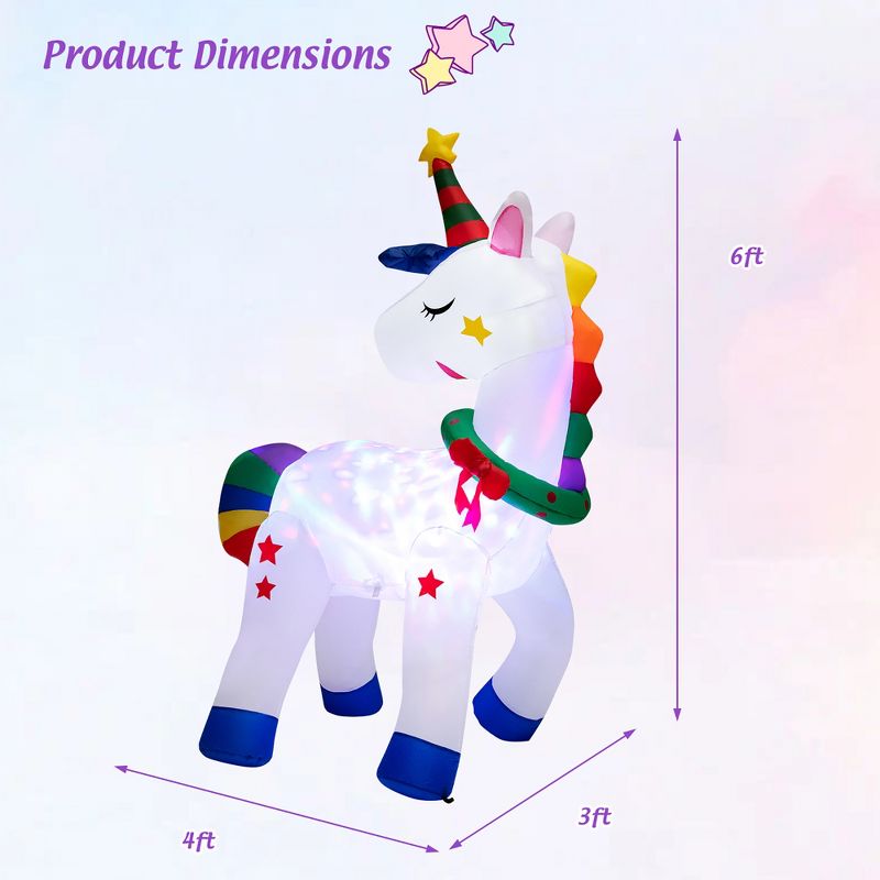Costway 6FT Tall Christmas Magic Unicorn, Inflatable Unicorn Decoration with Rainbow Tails & Christmas Wreath, 3 of 10
