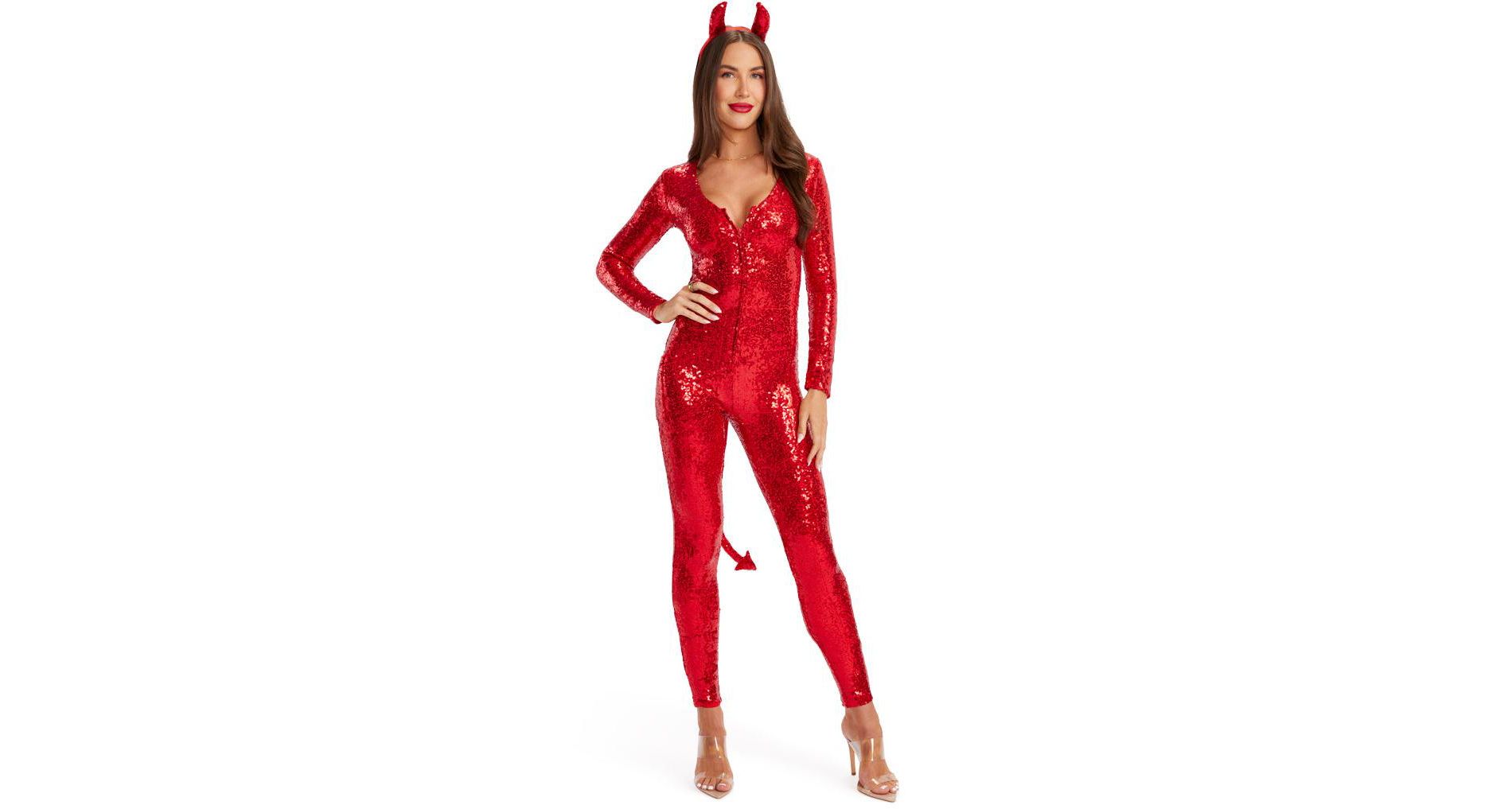 Tipsy Elves Classic Red Devil Halloween Costume for Women Long Sleeve Bodysuit with Devils Horns Headband