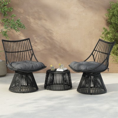Gray Faux Rattan 2-Person Outdoor Chat Set with Cushions
