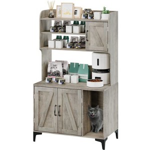 Large Cat Litter Box Enclosure Furniture, 3 Open Shelves and Storage Cabinet, Wood Pet House Side End Table - 1 of 4