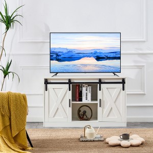 Vynxaria White Wooden TV/Storage Cabinet with 2 Sliding Barn Doors, Ideal for Bedroom, Living Room, or Corridor. - 1 of 4