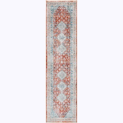 Vibrant Red Traditional Pattern 8 ft Polypropylene Runner Rug