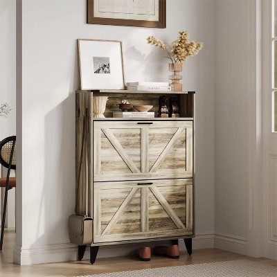 Farmhouse Shoe Cabinet w/ 2 Flip Drawers & Open Shelf, Slim Freestanding Storage for Entryway