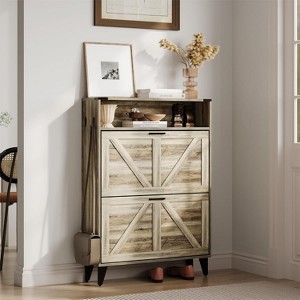 Farmhouse Shoe Cabinet w/ 2 Flip Drawers & Open Shelf, Slim Freestanding Storage for Entryway - 1 of 4