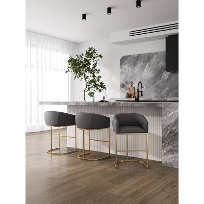 Set of 2 Gray Faux Leather and Gold Metal Counter Stools