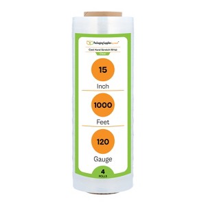 PSBM 4 Rolls Clear 15" x 1000 Ft. 120 Gauge Cast Hand Stretch Wrap Pallet Shrink Film - 1 of 1