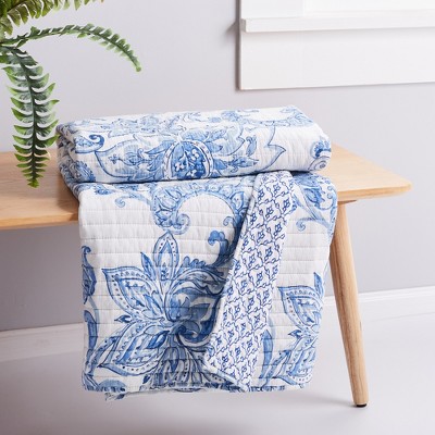 Blue and White Paisley Cotton Reversible Quilted Throw