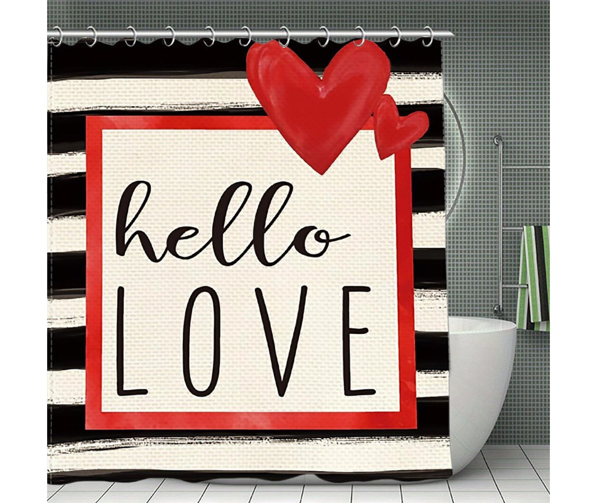 Valentine's Day Shower Curtain, Hello Love & Stripe Print, High-Density Polyester, Waterproof, Great Gift 70.8x70.8Inch