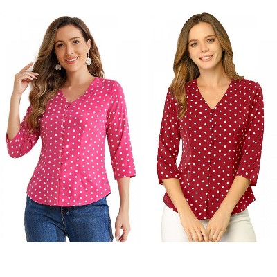 INSPIRE CHIC Women's Polka Dots 3/4 Sleeve Casual Button Front Shirt 2 Pieces