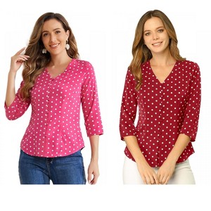 INSPIRE CHIC Women's Polka Dots 3/4 Sleeve Casual Button Front Shirt 2 Pieces - 1 of 4