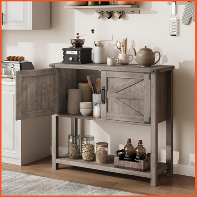 Homhougo Farmhouse Entryway Table with 2-Door Cabinet,Console Table with Storage, Coffee Bar Cabinet, Sofa Tables Buffet Sideboard Gray
