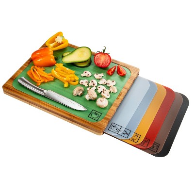 Bamboo Cutting Board with Color-Coded Flexible Mats Set