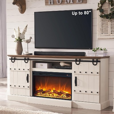 TV Stand with Fireplace for 75 80 Inch TV, 32" Tall Farmhouse Highboy Entertainment Center with Sliding Barn Doors for Living Room