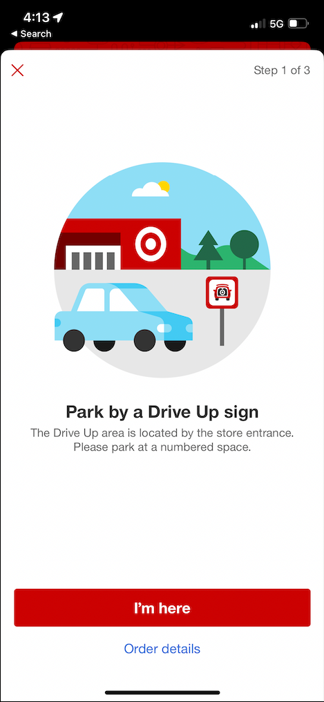 Screenshot of Target guest app showing a screen that says "Park by a Drive Up sign" with a large red button saying "I'm here"