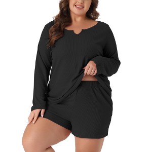 Agnes Orinda Women's Plus Size Waffle Solid Color Long Sleeve Comfortable 2 Pieces Pajama Sets - 1 of 4