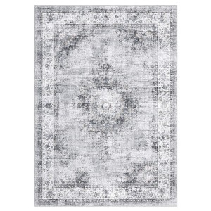 2 x 6 ft Polyester Grey Rectangular Laundry Bathroom Kitchen Floral Medallion Vintage Machine Washable Runner Rug - 1 of 4