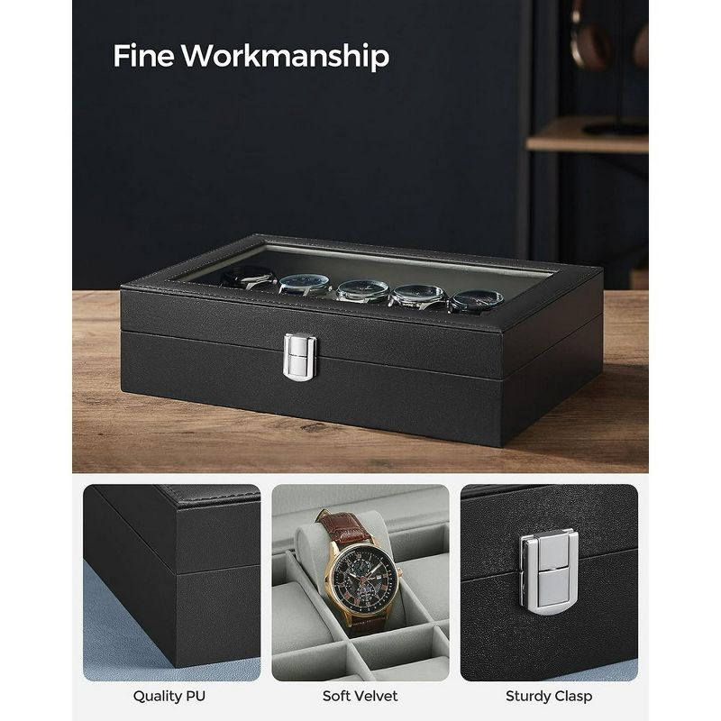 SONGMICS 12-Slot Watch Box Display Case Watch Holder for Men and Women Organizer Jewelry Collection Storage Gray Lining, 3 of 5