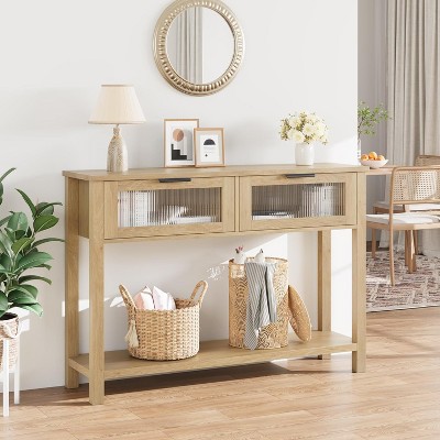 Entryway Table, Wood Console Table with 2 Glass Drawers, 2-Tier Sofa Table with Storage for Living Room and Foyer, Stylish Entryway Furniture