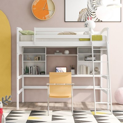 NicBex Twin Size Bunk Bed with Desk Loft Bed Pine Bed Frame with Storage Shelves, Inclined Ladder and Guardrail, No Box Spring Required